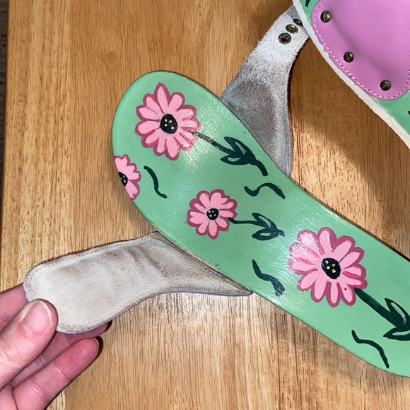 Dr Scholls Hand Painted Pink Patent Leather Wooden Exercise Sandals Vintage 70’s - Picture 8 of 9